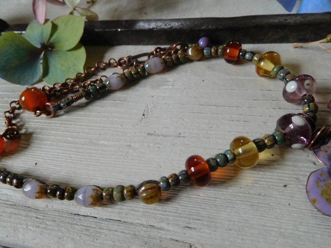 Collier bohème perles en verre et émaux sur cuivre