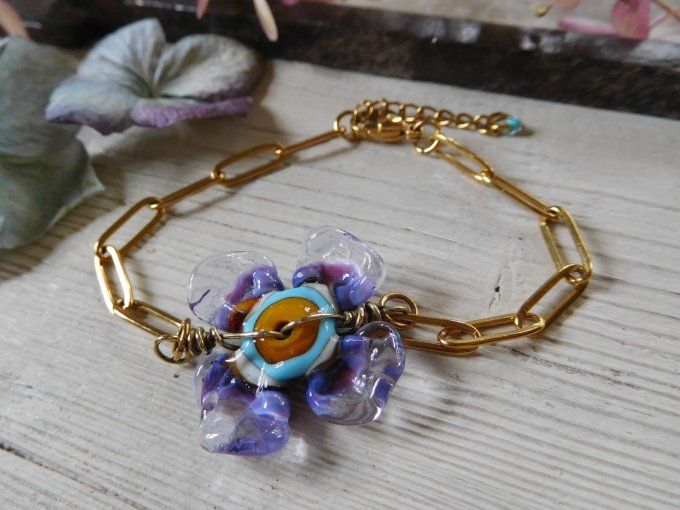Bracelet chaîne "trombone" et perle en verre