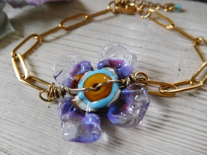 Bracelet chaîne "trombone" et perle en verre