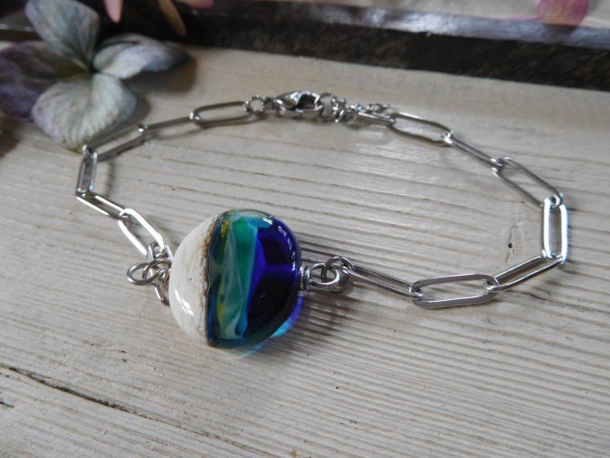 Bracelet homme chaîne "trombone" et perle en verre 
