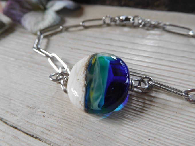 Bracelet homme chaîne "trombone" et perle en verre 