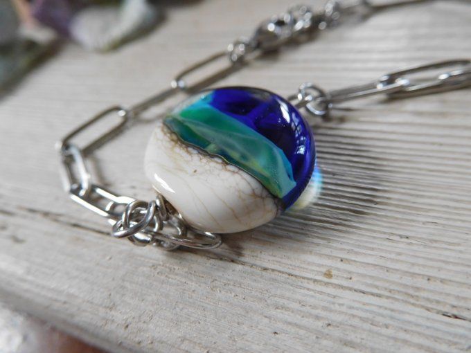 Bracelet homme chaîne "trombone" et perle en verre 