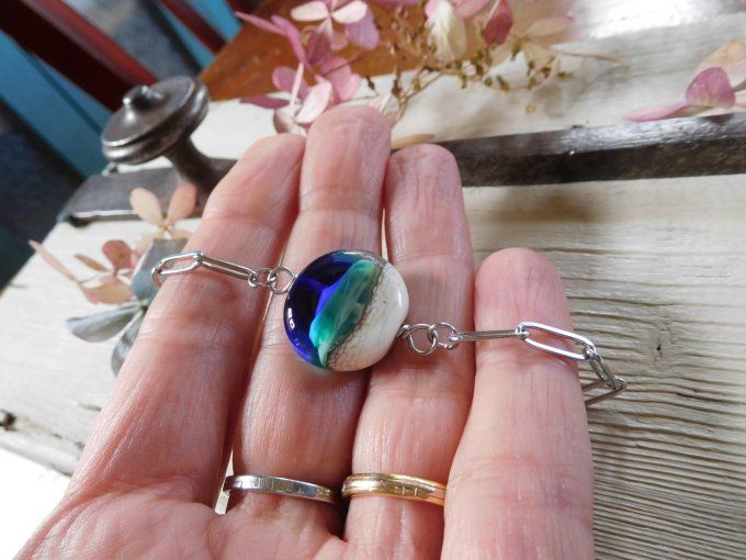 Bracelet homme chaîne "trombone" et perle en verre 
