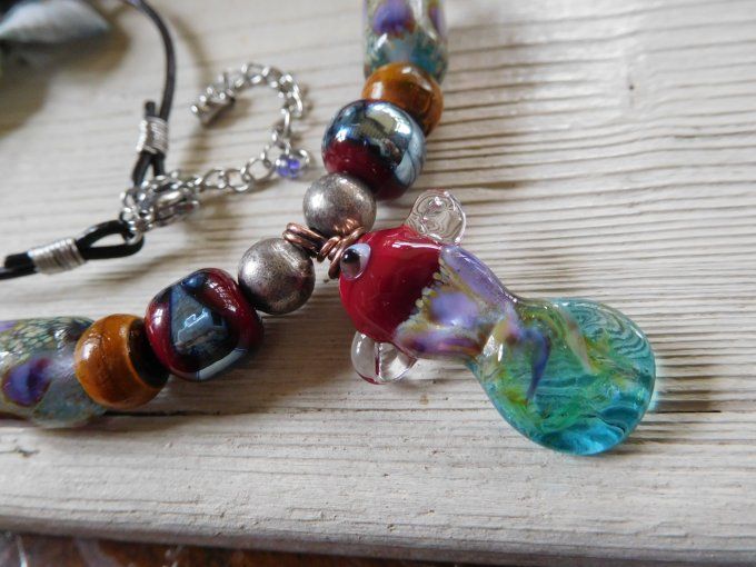 Collier ras de cou perles en verre et cordon cuir